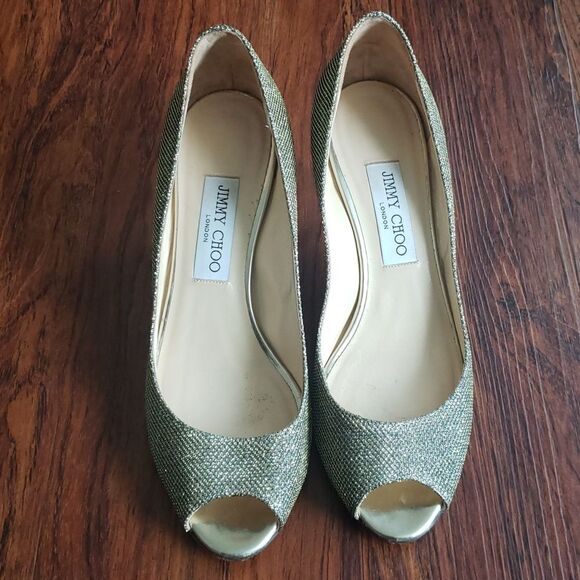 Jimmy Choo Shimmery Gold Mesh Overlay Wedding Party Kitten Heels Size 38 - Picture 2 of 11